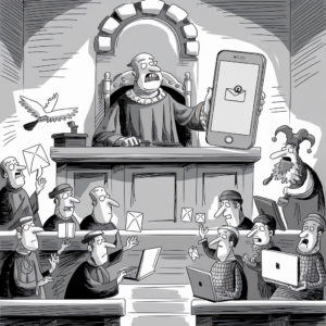 Cartoon of a courtroom scene: A judge at the desk is angrily holding a giant smartphone displaying an unread message notification. Below, a group of lawyers and officials, dress in medieval attire, are surrounded by modern technology like laptops, tablets, and email papers. Some are shocked, others are engaged in discussions, and a jester with a laptop is present. A dove carrying a letter flies in the air.