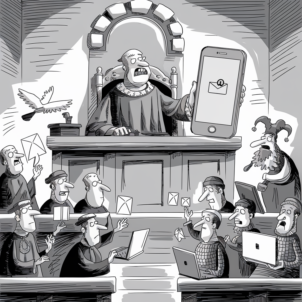 Cartoon of a courtroom scene: A judge at the desk is angrily holding a giant smartphone displaying an unread message notification. Below, a group of lawyers and officials, dress in medieval attire, are surrounded by modern technology like laptops, tablets, and email papers. Some are shocked, others are engaged in discussions, and a jester with a laptop is present. A dove carrying a letter flies in the air.