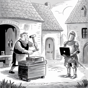 A black-and-white illustration depicts a medieval scene. On the left, a blacksmith hammers a piece of metal on an anvil located in front of a small building with a shingled roof. In the background, another building and an arched doorway are visible. On the right, a knight in full armor holds a modern laptop, standing in the middle of the street. The contrast between the traditional medieval setting and the modern technology held by the knight creates a humorous anachronism.