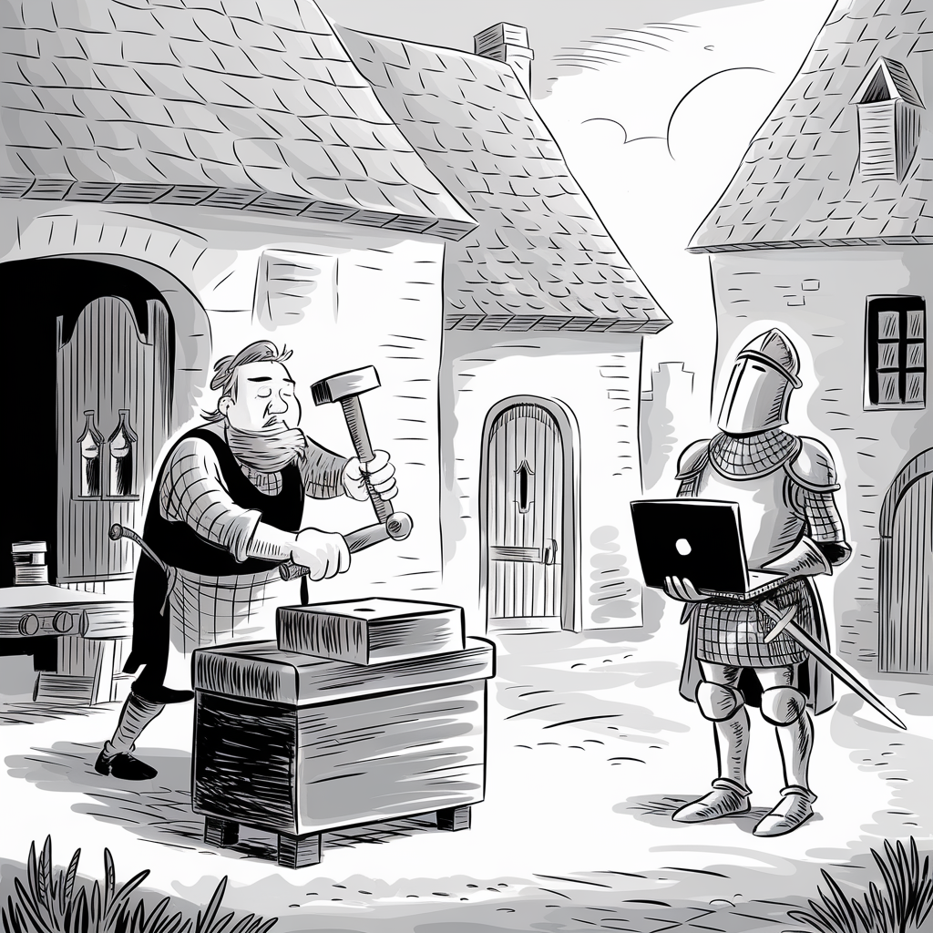 A black-and-white illustration depicts a medieval scene. On the left, a blacksmith hammers a piece of metal on an anvil located in front of a small building with a shingled roof. In the background, another building and an arched doorway are visible. On the right, a knight in full armor holds a modern laptop, standing in the middle of the street. The contrast between the traditional medieval setting and the modern technology held by the knight creates a humorous anachronism.