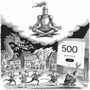 A fantastical and chaotic scene depicted in a black-and-white illustration. In the foreground, a group of people holding wrenches and tools are running towards a gigantic computer error message displaying "500 error muny" with a button labeled "Babgv". A man in front is using a wrench to seemingly attempt to fix the error. In the background, villagers are fleeing in panic from a fire-breathing dragon that is burning down several houses. Above the scene, a large armored knight is seated in a meditative lotus position, serene and detached, while hovering in the sky amidst clouds. The illustration is a blend of medieval and modern elements, creating a humorous and surreal scenario.
