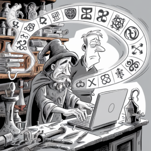 A black-and-white illustration depicts a bearded wizard in traditional robes and a pointed hat, working on a laptop at a cluttered, old-fashioned desk. Various scientific glassware and potion bottles are scattered around. A younger, modern-dressed man stands behind him, looking confused. A scroll extends from the laptop, displaying symbols and mystical icons, merging the old and new worlds of magic and technology. Books and other wizard paraphernalia fill the background.