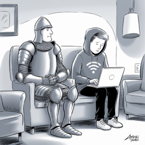 A cartoon image depicting a scene with two characters sitting on a couch in a living room. On the left is a person dressed in full medieval knight armor, seated in a rigid posture with hands clasped. On the right is a young person wearing a hoodie with a Wi-Fi symbol on it, engrossed in using a laptop. The setting includes modern furniture with an armchair and a lamp in the background.