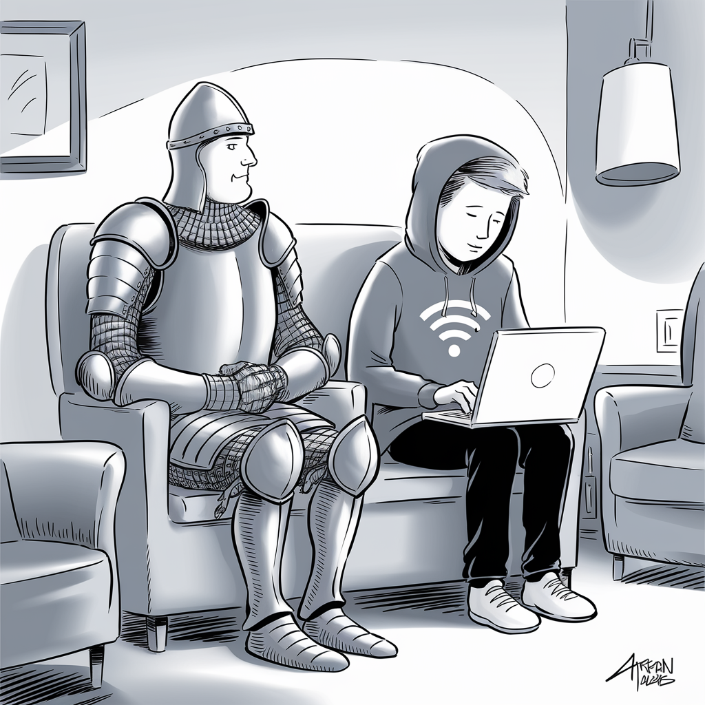 A cartoon image depicting a scene with two characters sitting on a couch in a living room. On the left is a person dressed in full medieval knight armor, seated in a rigid posture with hands clasped. On the right is a young person wearing a hoodie with a Wi-Fi symbol on it, engrossed in using a laptop. The setting includes modern furniture with an armchair and a lamp in the background.