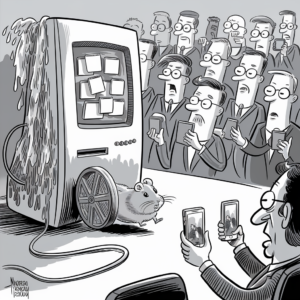 A black and white cartoon depicts a malfunctioning vending machine with sticky notes inside and liquid leaking out the sides. In front of it, a hamster is running in a wheel, seemingly powering the machine. A large group of people, dressed in suits and holding smartphones, are taking photos or videos of the scene. Their facial expressions range from surprise to curiosity. The setting appears to be a conference or meeting room.