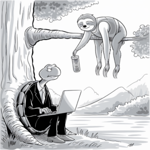 A black-and-white cartoon illustration of a turtle and a sloth in a natural setting. The turtle is sitting at the base of a tree, wearing a suit and using a laptop. The sloth is hanging from a tree branch above, holding out a can with "RNB" written on it. In the background, there are hills and trees. The turtle is looking up at the sloth, appearing slightly annoyed.