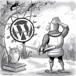A cartoon image depicts a knight standing in front of a large wooden sign suspended from a tree by ropes. The sign features the WordPress logo. The knight appears puzzled, scratching his helmet with his left hand while holding a sword in his right hand. An owl perched on a book at the base of the tree observes the scene. The illustration is in grayscale with a detailed outdoor background.