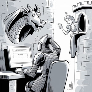 A black and white cartoon depicts a knight in armor sitting at a computer inside a castle, scratching his head in confusion. On the computer screen, there are text boxes with illegible text. A dragon pokes its head through a window in the wall beside the knight, smiling and looking at the computer. A princess in a gown and crown leans out of a tower window above, taking a selfie with her smartphone.