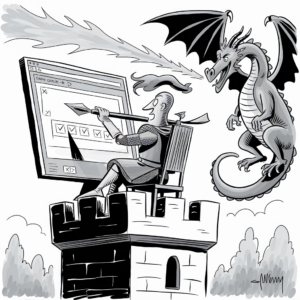 A black-and-white cartoon depicts a knight sitting on a tower, interacting with a computer interface using a large, medieval spear as a stylus. The screen shows a checklist with completed tasks. A dragon hovers nearby, breathing fire toward the screen, though the fire misses the knight. Trees are visible in the background.