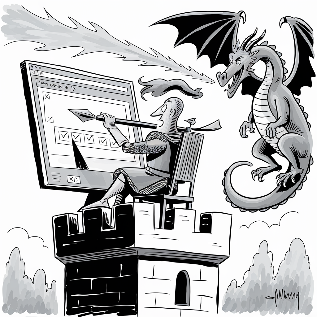 A black-and-white cartoon depicts a knight sitting on a tower, interacting with a computer interface using a large, medieval spear as a stylus. The screen shows a checklist with completed tasks. A dragon hovers nearby, breathing fire toward the screen, though the fire misses the knight. Trees are visible in the background.