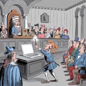 A cartoon illustration set in a historical courtroom. A man in period clothing, standing in front of a judge and jury, dramatically points a glowing wand at a modern laptop on a table. The judge, seated on an ornate chair with a powdered wig, looks surprised. The jury, consisting of men in medieval attire, is watching attentively. The scene humorously blends elements of the past with present-day technology.