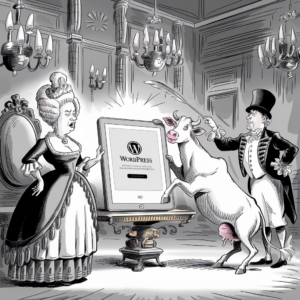 A monochrome illustration depicts a historical royal setting with a woman in an elaborate dress and ornate hairstyle, resembling a queen, and a man in formal 18th-century attire with a top hat. In front of them stands a cow on its hind legs, using its front hooves to operate a large tablet displaying the WordPress logo. Chandeliers and detailed walls enhance the elegant background, while the scene blends elements of historical and contemporary times humorously.