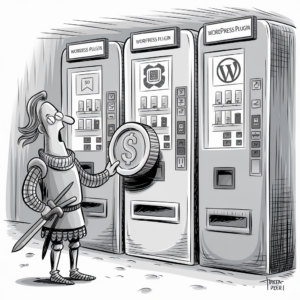 A cartoon depicts a medieval knight holding a large coin with a dollar sign and standing in front of vending machines labeled "WordPress Plugin." The middle vending machine displays icons resembling various plugin options. The knight appears confused or uncertain while making a selection. The scene humorously combines medieval and modern technology concepts.