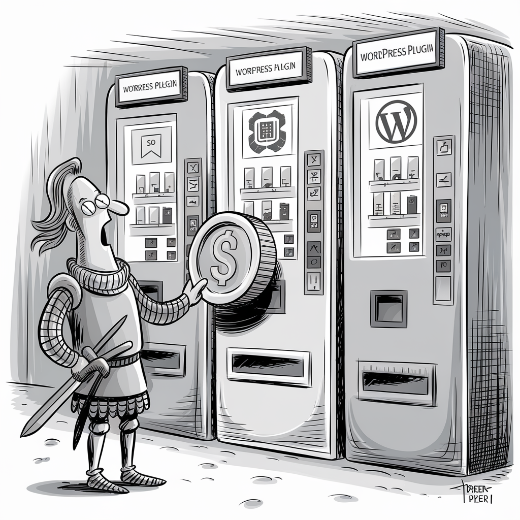 A cartoon depicts a medieval knight holding a large coin with a dollar sign and standing in front of vending machines labeled "WordPress Plugin." The middle vending machine displays icons resembling various plugin options. The knight appears confused or uncertain while making a selection. The scene humorously combines medieval and modern technology concepts.