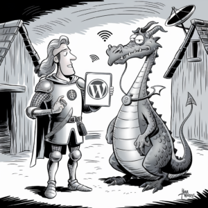 A cartoon-style image in black and white depicts a knight and a dragon standing between two buildings. The knight, wearing armor and a cape, holds up a sign with the WordPress logo. The dragon appears to be looking at the sign with a curious expression. Above their heads are several Wi-Fi signal icons, suggesting a technological context. A satellite dish is mounted on one of the buildings in the background. The scene humorously blends medieval and modern elements.