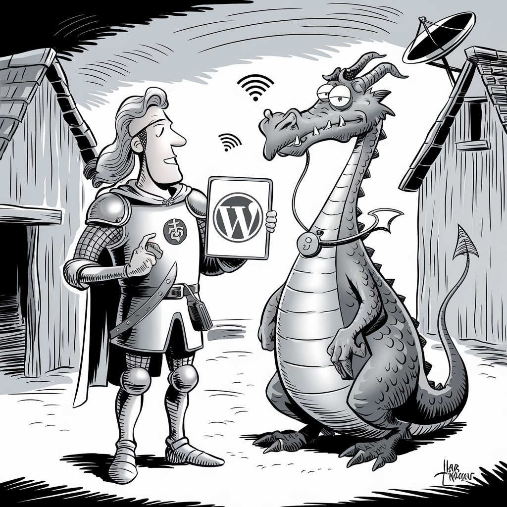 A cartoon-style image in black and white depicts a knight and a dragon standing between two buildings. The knight, wearing armor and a cape, holds up a sign with the WordPress logo. The dragon appears to be looking at the sign with a curious expression. Above their heads are several Wi-Fi signal icons, suggesting a technological context. A satellite dish is mounted on one of the buildings in the background. The scene humorously blends medieval and modern elements.