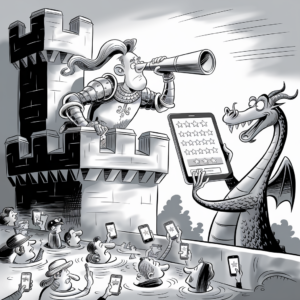 A black-and-white cartoon depicts a knight in armor on a castle tower, looking through a telescope at a dragon holding a large tablet displaying a 5-star rating system. Below the castle, people are wading through water, also holding up phones and tablets with star ratings on their screens. The scene humorously blends medieval and modern technology, highlighting a whimsical clash of eras.