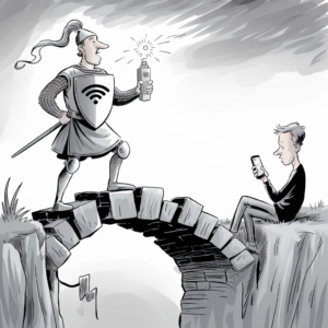 A black and white illustration depicts a knight in armor standing on a broken stone bridge, holding a Wi-Fi router like a torch with a shining signal radiating from it. The knight's shield bears a Wi-Fi symbol. On the opposite side of the bridge, a man in modern clothing sits, looking at his smartphone intently. The image humorously contrasts the medieval knight with contemporary technology.