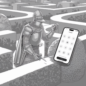A grayscale illustration shows a knight in full armor standing in a maze of neatly trimmed hedges. The knight is holding a small pair of gardening shears and trimming the hedge. In front of the knight, there is an oversized smartphone floating in the air, displaying various app icons on the screen. The image blends medieval and modern elements, depicting the knight engaged in a contemporary activity using digital technology.
