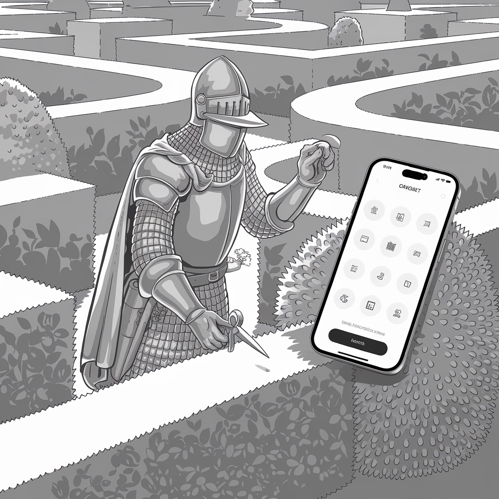 A grayscale illustration shows a knight in full armor standing in a maze of neatly trimmed hedges. The knight is holding a small pair of gardening shears and trimming the hedge. In front of the knight, there is an oversized smartphone floating in the air, displaying various app icons on the screen. The image blends medieval and modern elements, depicting the knight engaged in a contemporary activity using digital technology.