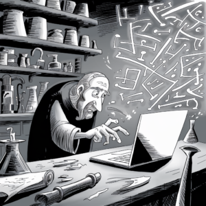 A black-and-white illustration depicts an elderly man with a long beard and robe, reminiscent of an alchemist, working in a cluttered laboratory. He is leaning over a desk, engrossed in typing on a modern laptop, with mysterious symbols floating above the screen. The room is filled with shelves holding various beakers, flasks, and scrolls, blending elements of ancient alchemy and modern technology. The scene evokes a sense of blending old-world mysticism with contemporary digital tools.