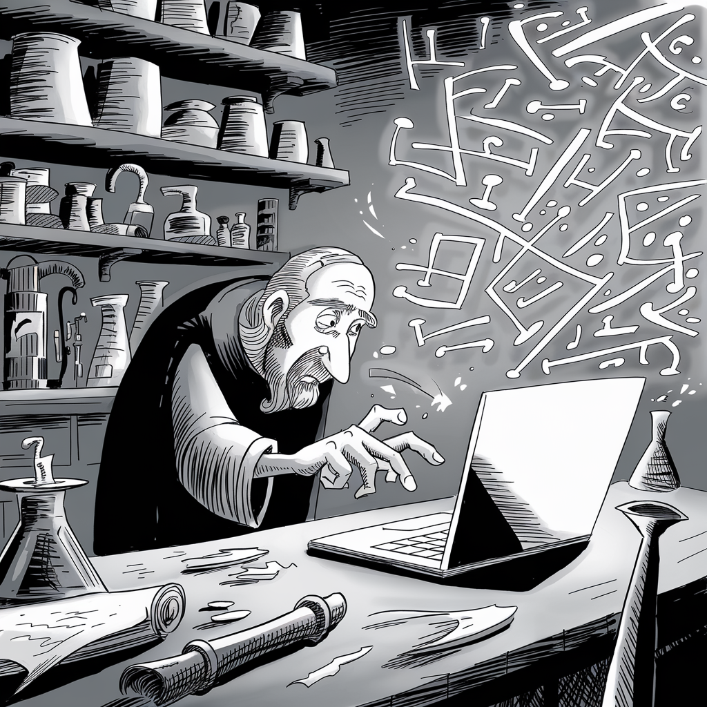 A black-and-white illustration depicts an elderly man with a long beard and robe, reminiscent of an alchemist, working in a cluttered laboratory. He is leaning over a desk, engrossed in typing on a modern laptop, with mysterious symbols floating above the screen. The room is filled with shelves holding various beakers, flasks, and scrolls, blending elements of ancient alchemy and modern technology. The scene evokes a sense of blending old-world mysticism with contemporary digital tools.