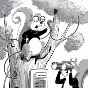A black-and-white illustration of two squirrels working together in a tree. The squirrel on the left is sitting on a branch, wearing glasses and a sweater, holding a microphone connected to various devices attached to the tree trunk. The squirrel on the right is standing upright, looking through binoculars. Both squirrels appear to be engaged in some sort of surveillance or technical operation. The tree is surrounded by leafy branches and various monitoring equipment is visible, creating a sophisticated yet whimsical scene.