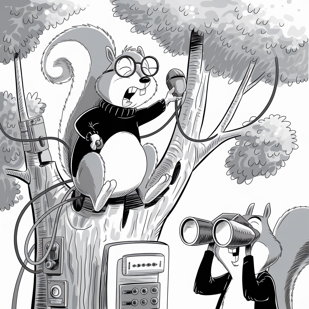 A black-and-white illustration of two squirrels working together in a tree. The squirrel on the left is sitting on a branch, wearing glasses and a sweater, holding a microphone connected to various devices attached to the tree trunk. The squirrel on the right is standing upright, looking through binoculars. Both squirrels appear to be engaged in some sort of surveillance or technical operation. The tree is surrounded by leafy branches and various monitoring equipment is visible, creating a sophisticated yet whimsical scene.