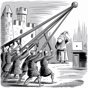 A black and white cartoon illustration depicting several armored knights operating a large catapult aimed at a castle. A bearded man, resembling a wizard, stands next to a desk with a laptop, scratching his head in confusion. The scene melds medieval and modern elements, creating a humorous juxtaposition.