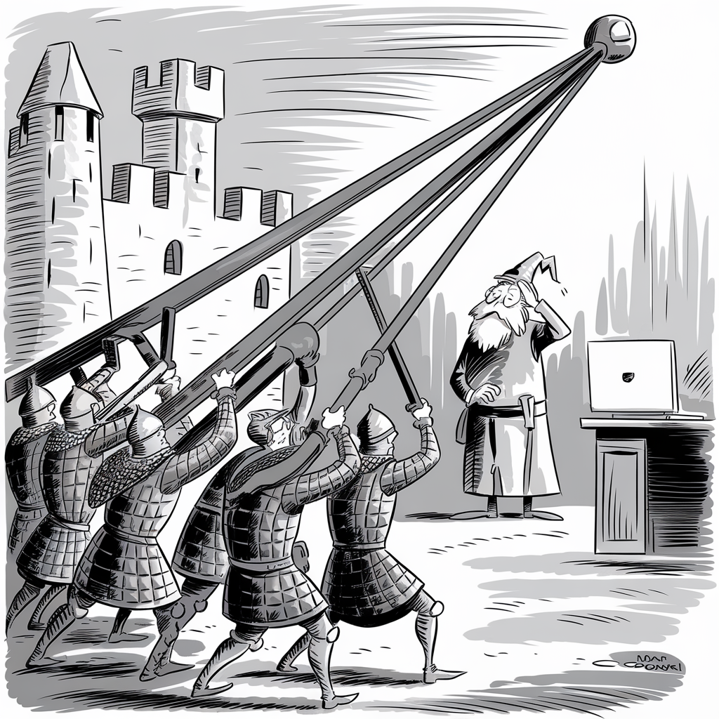 A black and white cartoon illustration depicting several armored knights operating a large catapult aimed at a castle. A bearded man, resembling a wizard, stands next to a desk with a laptop, scratching his head in confusion. The scene melds medieval and modern elements, creating a humorous juxtaposition.