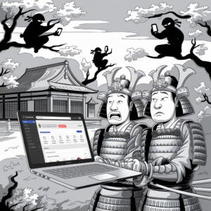 A black-and-white cartoon illustration features two bewildered samurai holding a laptop displaying a security software dashboard. In the background, ninja silhouettes are perched in trees, spying on the samurai with their smartphones. A traditional Japanese building and landscape elements are also present in the scene, adding to the historic context contrasted by modern technology devices.