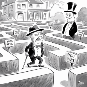 A black and white cartoon depicts two men in tuxedos and top hats trying to navigate a hedge maze in front of a mansion. The maze has several signs misreading "You Are Here" as "YOAE HERE," "YIJI AE HERE," "YOU HERE," etc. One man looks frustrated, holding a cane, while the other appears confused. The drawing emphasizes the comically confusing nature of their situation.