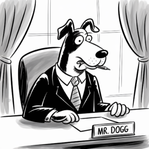 Black and white cartoon image of an anthropomorphic dog dressed in a suit and tie, sitting at a desk with a nameplate that reads "Mr. Dogg." The dog has a pencil in its mouth and is surrounded by curtains in the background.