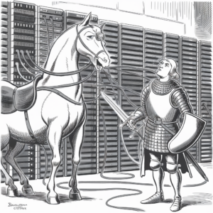 A knight in full armor, holding a sword and shield, stands beside a horse inside a server room. The horse is connected to numerous cables resembling reins, which are plugged into servers in the background. The scene is depicted in a monochromatic, illustration style.