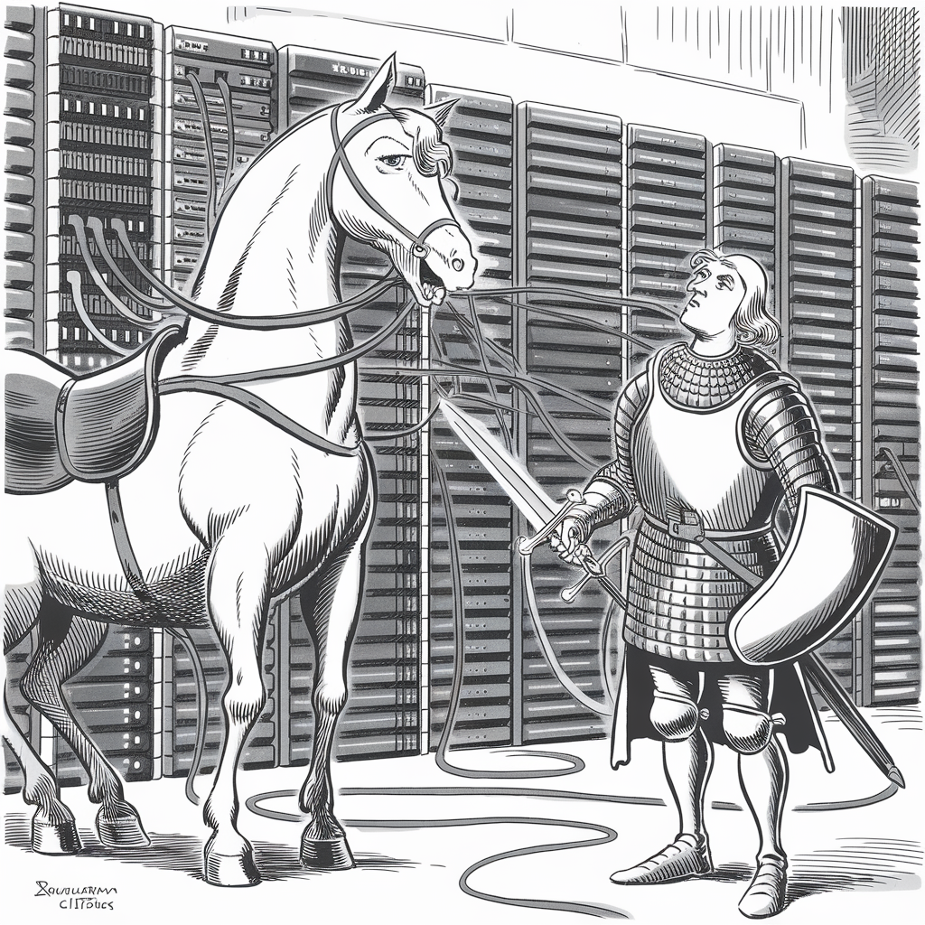 A knight in full armor, holding a sword and shield, stands beside a horse inside a server room. The horse is connected to numerous cables resembling reins, which are plugged into servers in the background. The scene is depicted in a monochromatic, illustration style.
