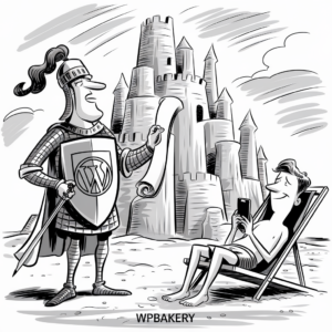 A monochromatic cartoon illustration features a knight wearing armor and holding a scroll, standing in front of a grand sandcastle. The shield of the knight displays the WordPress logo. Beside the knight, a person sits in a beach chair, smiling and looking at a smartphone. The background shows a bright and partially cloudy sky, suggesting a beach setting. The word "WPBAKERY" is written at the bottom of the image.