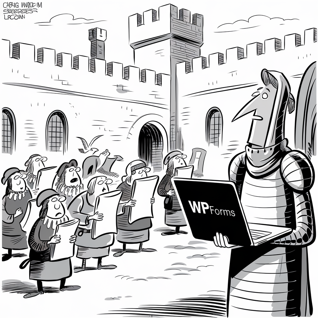 A black-and-white cartoon depicts a medieval scene with a knight in armor holding a laptop labeled "WPForms." The knight stands in front of a castle with battlements and a large tower. A group of medieval peasants or scribes, holding sheets of paper or scrolls, look at the knight in curiosity. A bird flies above the scene, and an archway and windows are visible in the background. The scene humorously blends modern technology with a historical setting.
