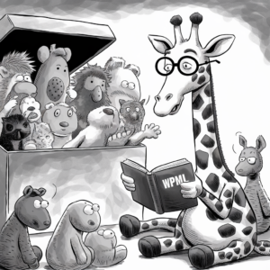 A cartoon giraffe with glasses is sitting and reading a book labeled "WPML" to an attentive audience of various stuffed animals. The animals include a kangaroo, several teddy bears, and other assorted plush critters, some of which are peeking out of an open toy box. The scene is illustrated in black and white, creating a cozy and whimsical atmosphere.