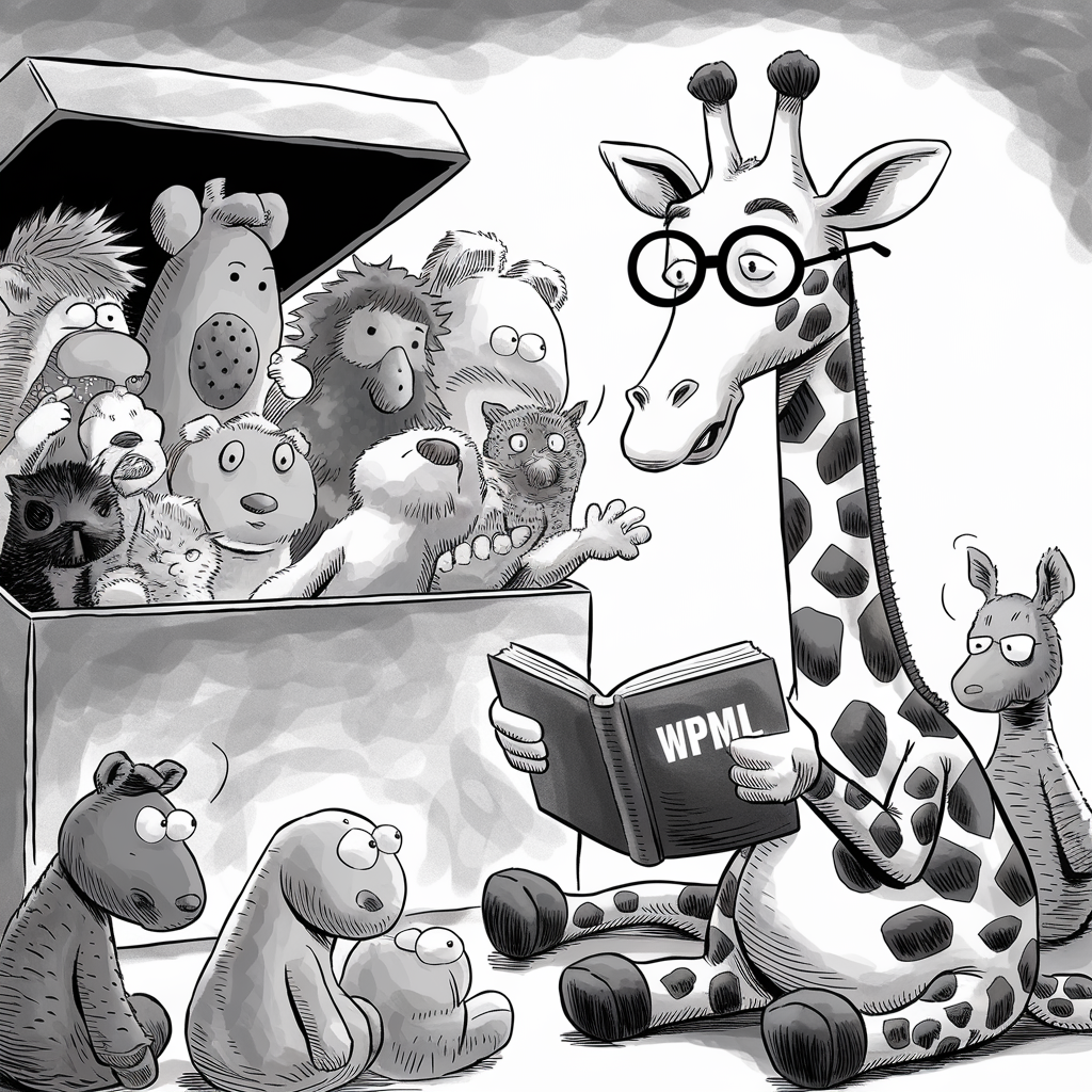 A cartoon giraffe with glasses is sitting and reading a book labeled "WPML" to an attentive audience of various stuffed animals. The animals include a kangaroo, several teddy bears, and other assorted plush critters, some of which are peeking out of an open toy box. The scene is illustrated in black and white, creating a cozy and whimsical atmosphere.