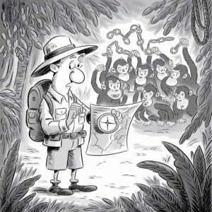 A cartoon illustration depicts an explorer standing in a jungle, looking at a map in confusion. The explorer is wearing a pith helmet, a backpack, and safari attire. Behind the explorer, a group of seven monkeys is seen. The monkeys, with expressive faces, are holding up chains that are broken at one end, as if they have just freed themselves. The scene is framed by dense jungle foliage.