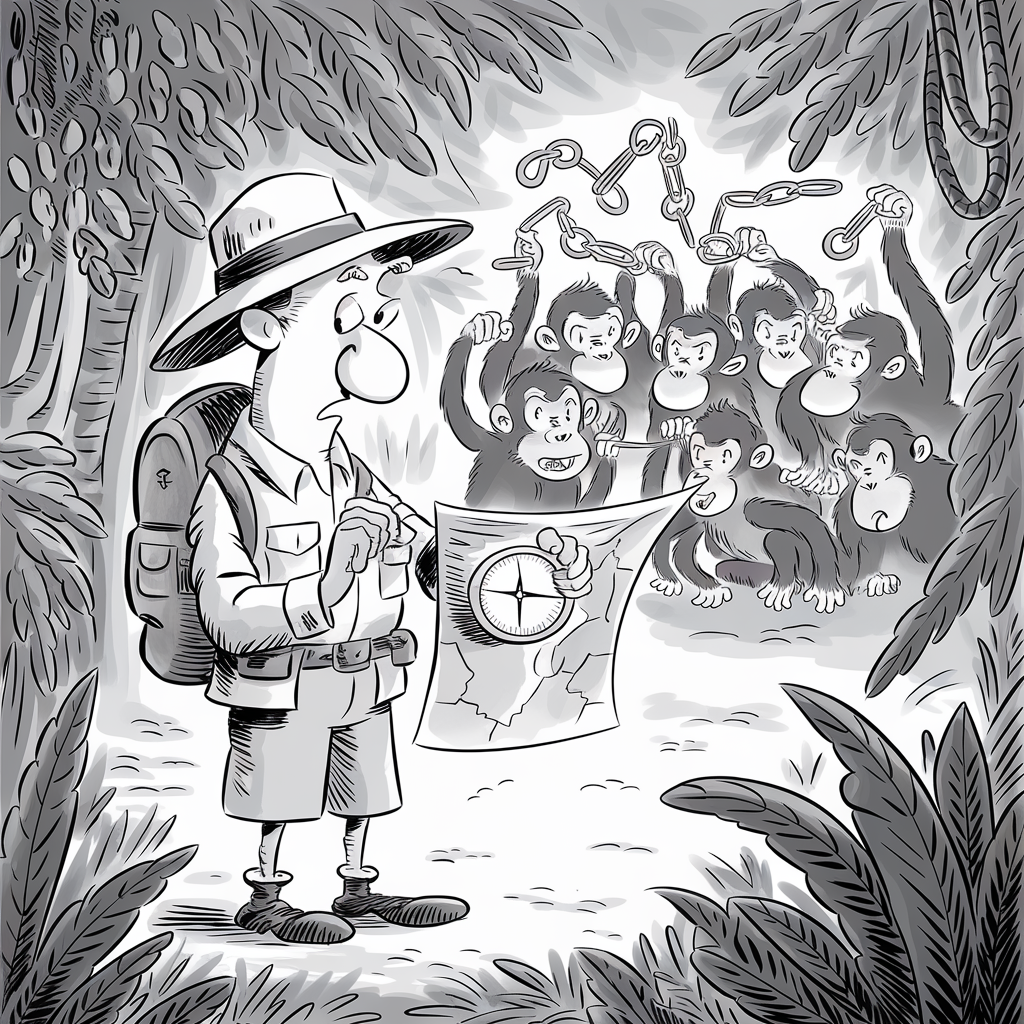 A cartoon illustration depicts an explorer standing in a jungle, looking at a map in confusion. The explorer is wearing a pith helmet, a backpack, and safari attire. Behind the explorer, a group of seven monkeys is seen. The monkeys, with expressive faces, are holding up chains that are broken at one end, as if they have just freed themselves. The scene is framed by dense jungle foliage.