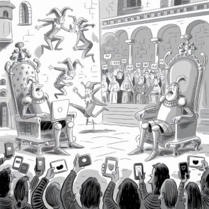 A black-and-white cartoon depicting two armored knights sitting on ornate thrones. One knight is using a laptop, and the other is looking forward with a surprised expression. Several jesters are performing acrobatics in the background. Below, a crowd of people is holding up signs with “Like” symbols and heart icons. The setting resembles a medieval castle courtyard with onlookers in medieval attire.