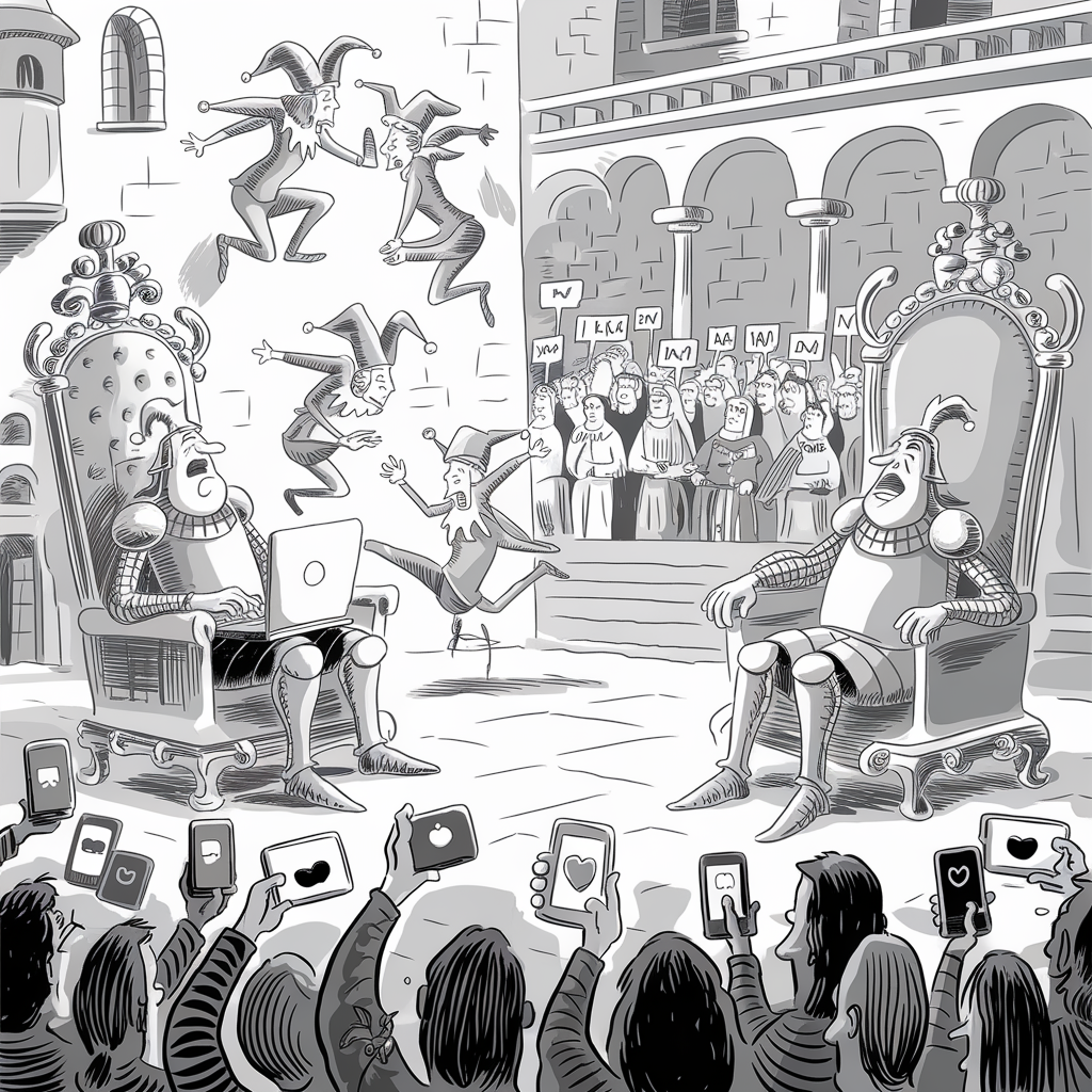 A black-and-white cartoon depicting two armored knights sitting on ornate thrones. One knight is using a laptop, and the other is looking forward with a surprised expression. Several jesters are performing acrobatics in the background. Below, a crowd of people is holding up signs with “Like” symbols and heart icons. The setting resembles a medieval castle courtyard with onlookers in medieval attire.