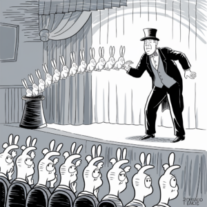 A black and white cartoon shows a magician on stage in a traditional suit with a top hat, looking tired and frustrated. He is pulling a continuous stream of white rabbits out of a hat. The rabbits form a line exiting the hat and stretching towards the magician’s hand. In the audience, several rabbits dressed like humans are sitting in seats, watching the magician's performance intently. The stage has a curtain backdrop, and the mood appears humorous and slightly absurd.