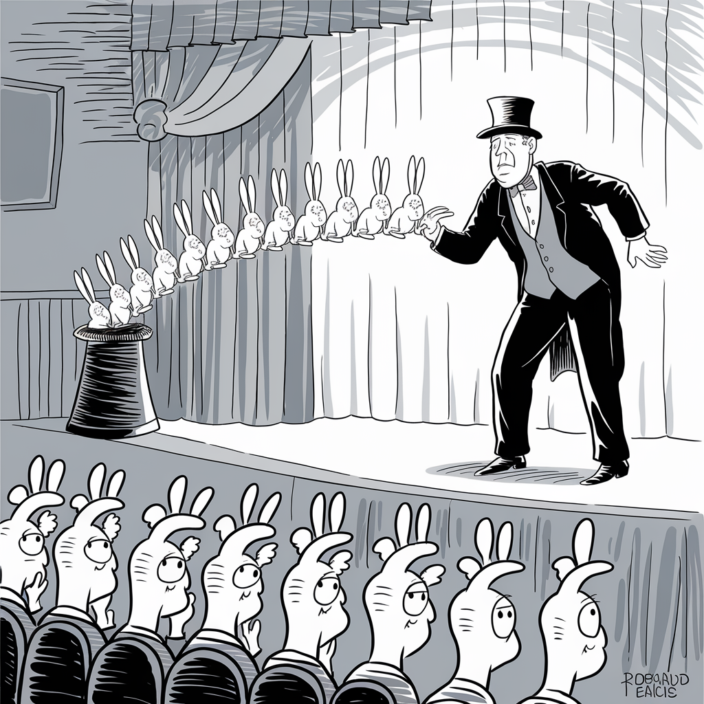 A black and white cartoon shows a magician on stage in a traditional suit with a top hat, looking tired and frustrated. He is pulling a continuous stream of white rabbits out of a hat. The rabbits form a line exiting the hat and stretching towards the magician’s hand. In the audience, several rabbits dressed like humans are sitting in seats, watching the magician's performance intently. The stage has a curtain backdrop, and the mood appears humorous and slightly absurd.
