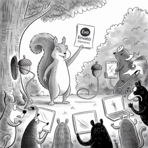 Cartoon illustration of a squirrel happily presenting a document labeled "Envato Elements" to an audience of various animals. The squirrel stands proudly in the center, holding the document high. The surrounding animals, which include a bear, mouse, and others, are gathered around with attention, holding laptops, tablets, and microphones. An acorn is plugged into a tree as if it were a power source. The scene takes place outdoors under a tree, with bushes in the background.