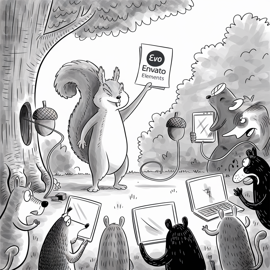 Cartoon illustration of a squirrel happily presenting a document labeled "Envato Elements" to an audience of various animals. The squirrel stands proudly in the center, holding the document high. The surrounding animals, which include a bear, mouse, and others, are gathered around with attention, holding laptops, tablets, and microphones. An acorn is plugged into a tree as if it were a power source. The scene takes place outdoors under a tree, with bushes in the background.