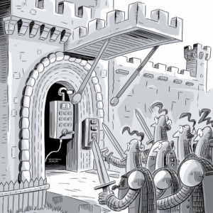 A humorous black-and-white cartoon depicts a group of puzzled knights in armor standing before a castle. Instead of a typical drawbridge mechanism, the castle entrance is protected by a modern electronic keypad lock and a card reader. The knights, holding their swords, appear confused as they try to figure out how to operate the unfamiliar technology to gain entry.