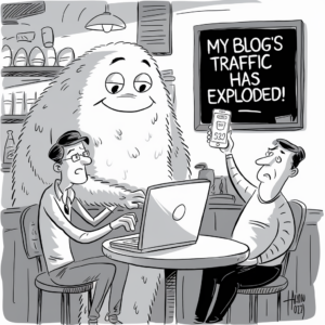 A cartoon depicts two men at a cafe. One man is sitting with a laptop, looking surprised as a large, friendly-looking monster stands behind him, using the keyboard. The other man is holding up a smartphone, showing a number, and looking amazed. A blackboard on the wall reads, "My blog's traffic has exploded!" The scene humorously suggests that the monster's actions have caused the blog's increase in traffic.