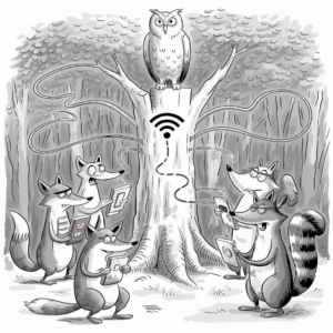 A black-and-white cartoon image shows an owl perched on a tree stump, with a Wi-Fi symbol emanating from the stump. Four other animals, including foxes and a raccoon, are gathered around the tree, all holding electronic devices like tablets and smartphones, seemingly using the Wi-Fi. The background depicts a forest.